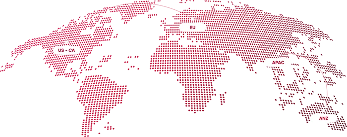 Dotted world map highlighting RiseB2B target regions: US-CA, EU, APAC, and ANZ